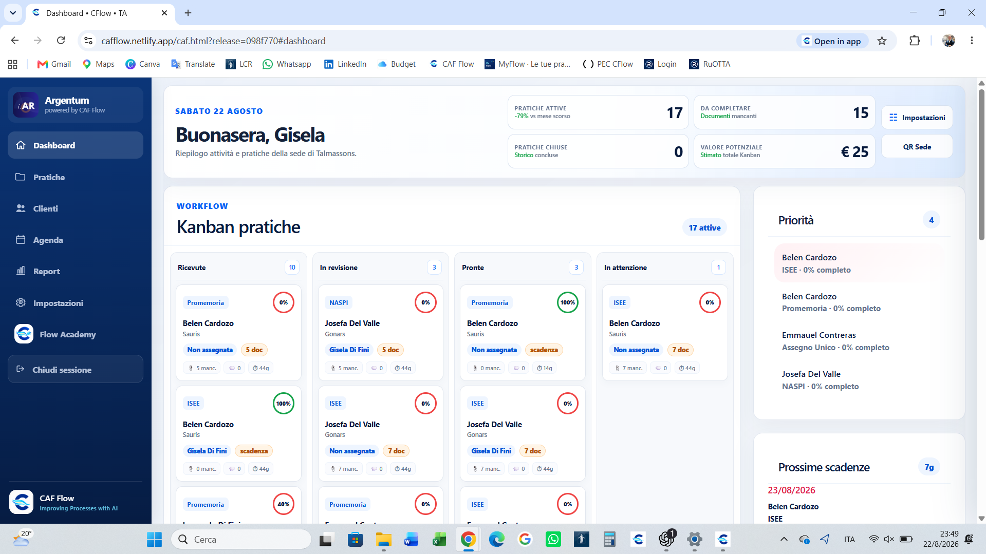 Dashboard reale di CAF Flow